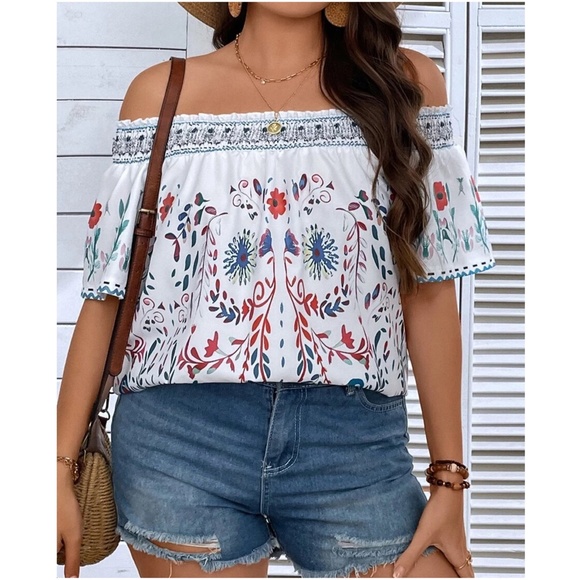 Plus Floral Print Off Shoulder Cottagecore Blouse - Picture 8 of 11